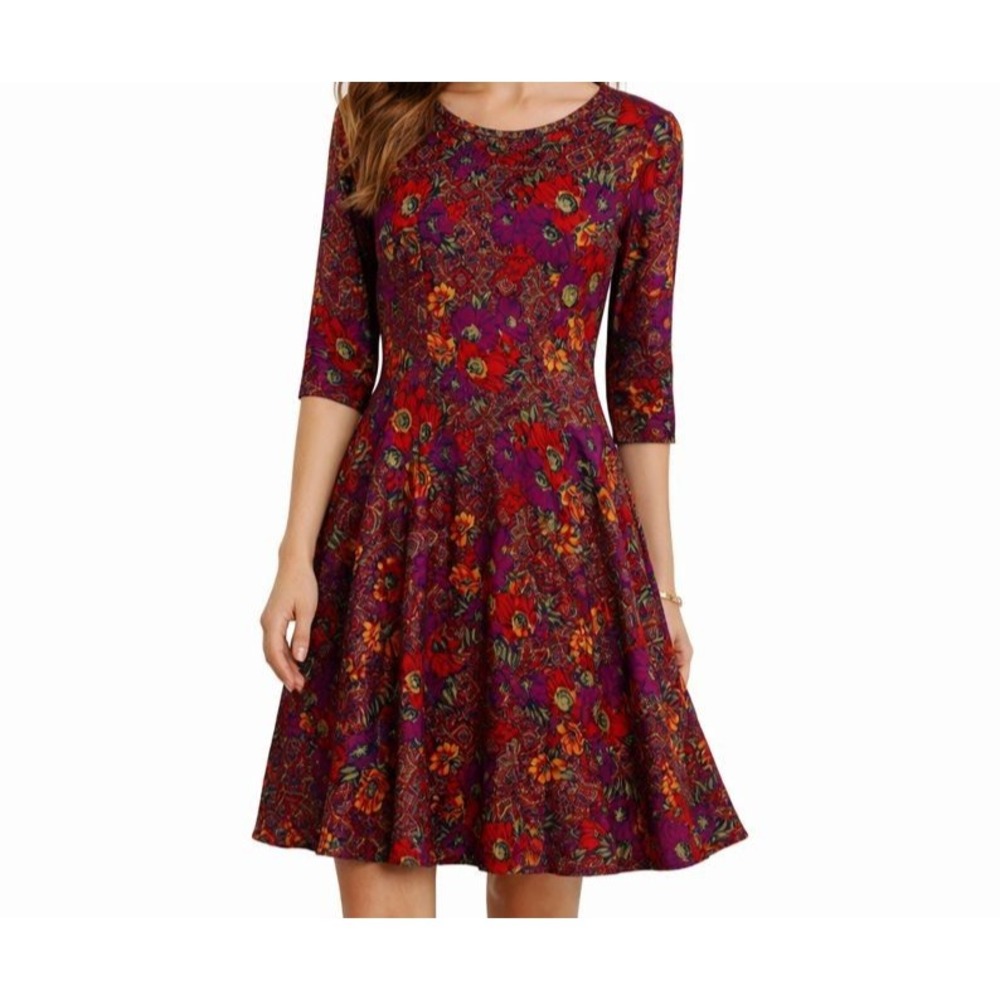 Vintage Colorful Floral Fit‎ & Flare 3/4 Sleeves Scoop Neckline Sz 8/10 Boho Art